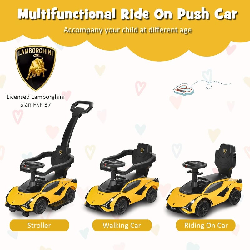 INFANS 3 in 1 Ride on Push Car, Licensed Lamborghini Baby Stroller Sliding Walking with Parent Control Handle, Music, Headlight, Under Seat Storage, Kids Foot-to-Floor Toy for 18-60 Months (Yellow) - Image 2